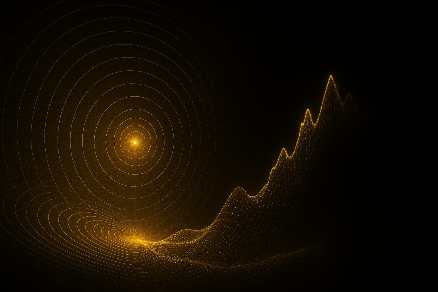 Signal de mesure AI COMMAND : ondes concentriques convergeant vers un point unique, courbe de visibilité ascendante.