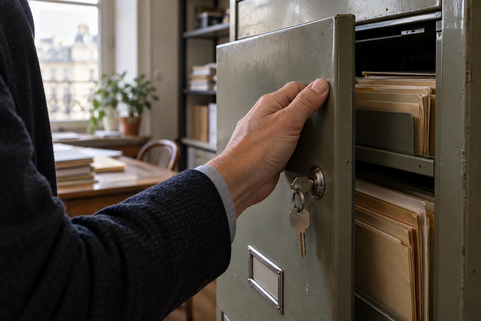 Une main ferme une armoire contenant des dossiers d’archives.