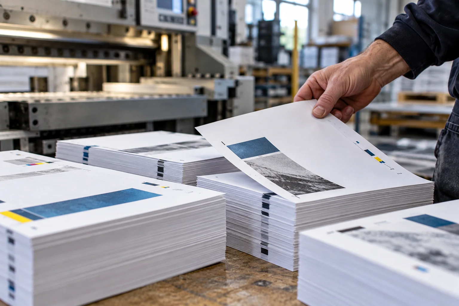 Une main vérifie des feuilles imprimées au-dessus d’une pile de tracts en atelier.