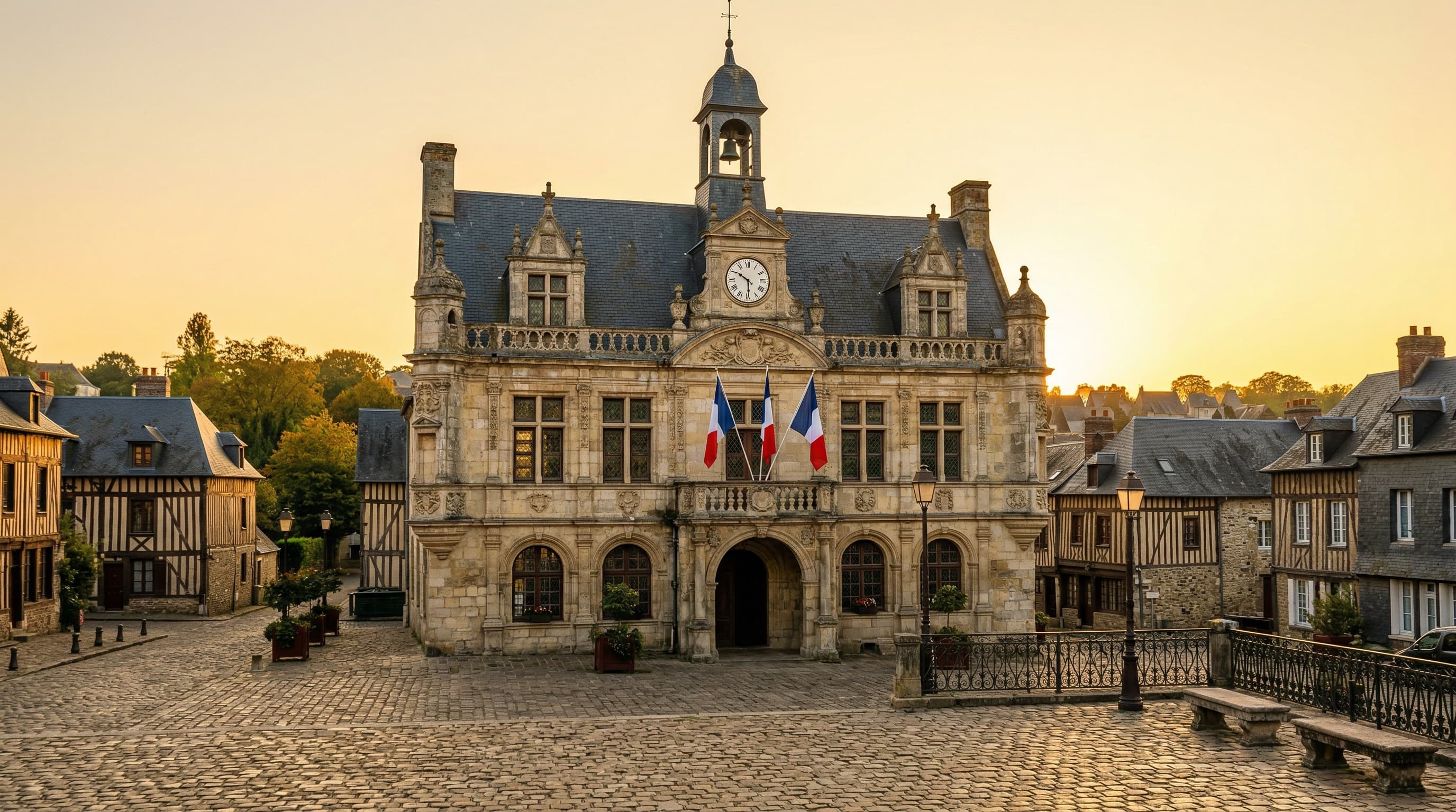 Vue aérienne d'une ville normande au lever du soleil
