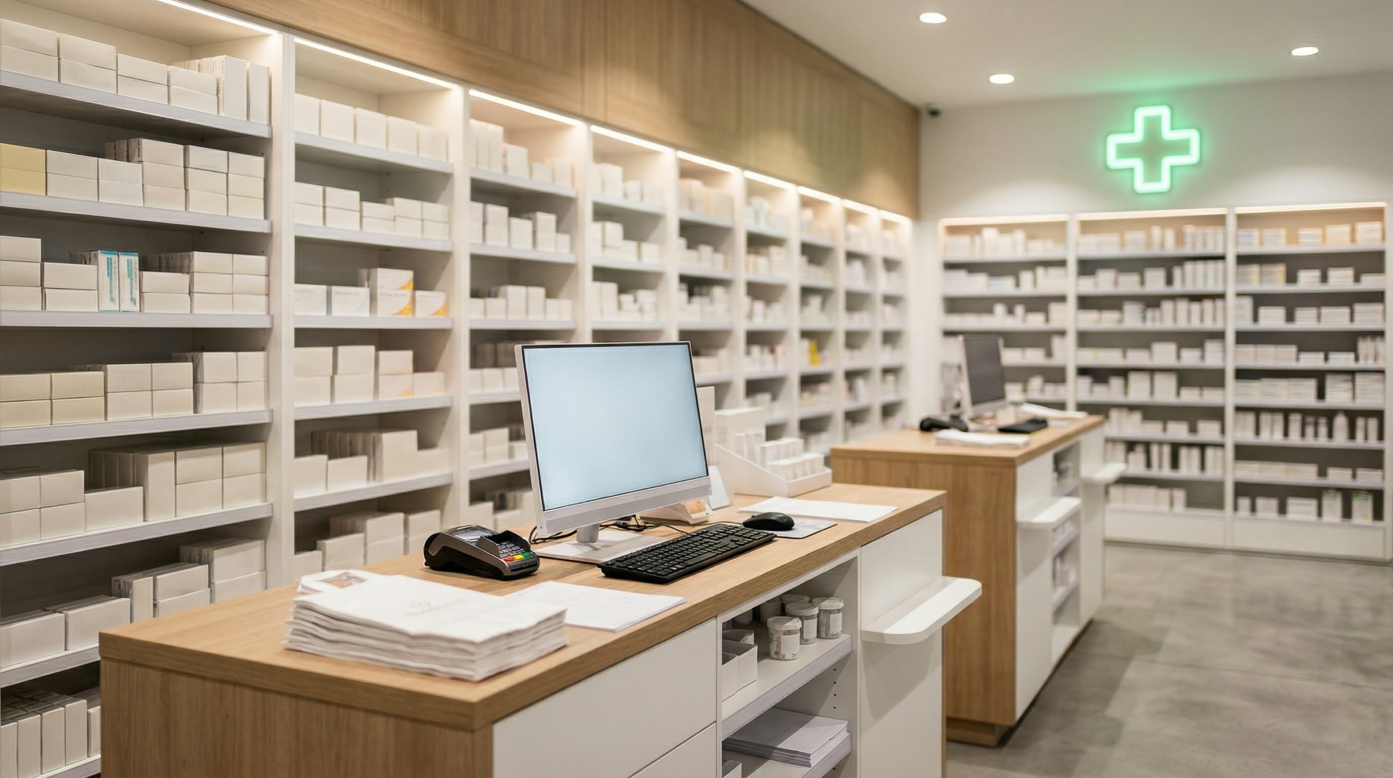 Intérieur de pharmacie moderne avec pharmacien au comptoir
