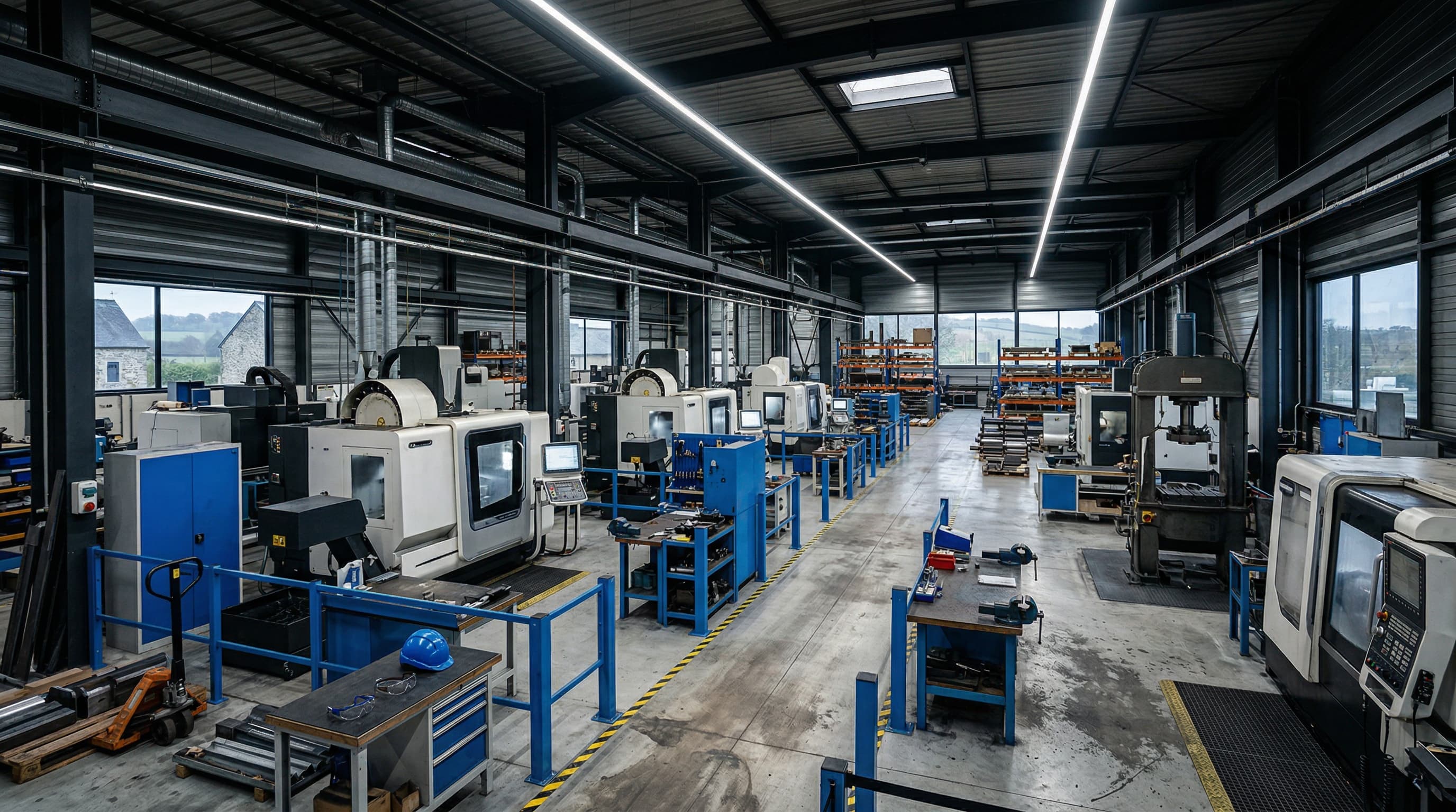 Dirigeant PME dans son bureau avec vue sur l'atelier de production