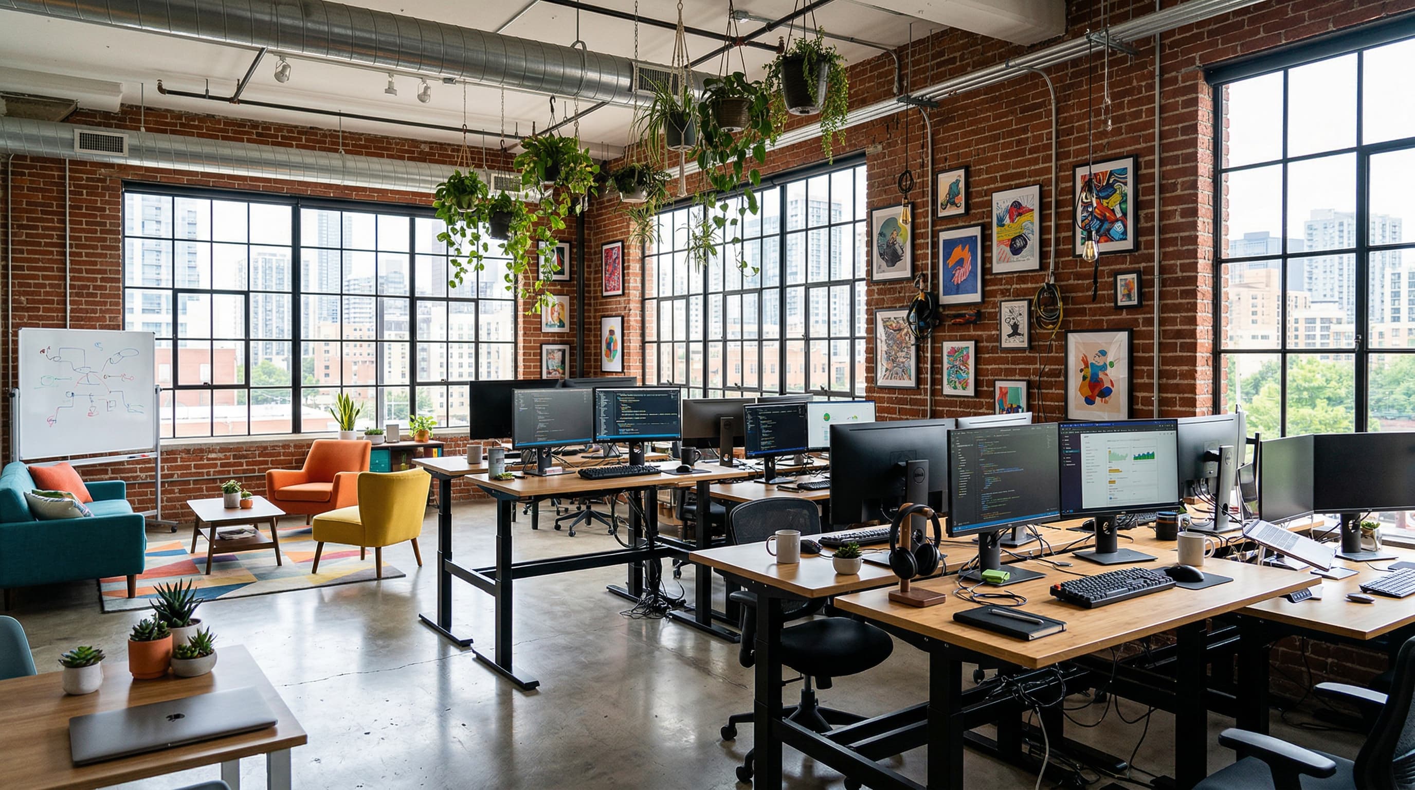 Open space startup avec équipe en discussion collaborative